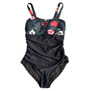 Yonique Woman’s size Medium one‎ piece black and floral bathing suit